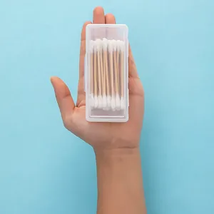 Portable clear storage box with wooden cotton swabs for makeup and personal care