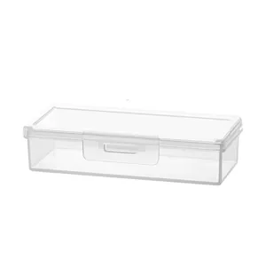 Portable clear plastic organizer box with secure buckle lid for desktop storage