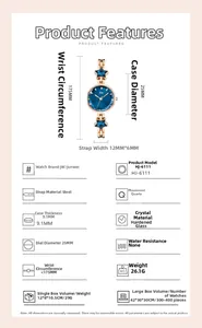 Detailed specs of rose gold starfish watch with blue dial and quartz movement info