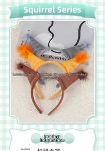 Close-up of cute squirrel ear headbands in gray orange and brown soft plush fabric