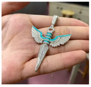 Detailed view of the S925 silver angel wing sword pendant with blue enamel and moissanite