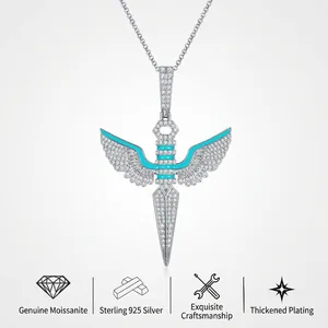 Luxury 925 Sterling Silver Moissanite Angel Wings Dagger Pendant Necklace Hip Hop Iced Out Jewelry For Men Women Gift