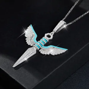 Hip hop angel wings dagger pendant in gold plated S925 silver with blue enamel and moissanite