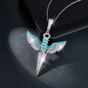 Hip hop style silver wing sword pendant necklace with blue enamel and moissanite stones