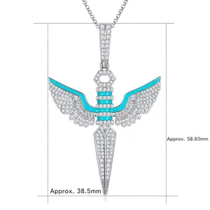 Hip hop S925 gilded angel wing dagger necklace with moissanite, 58.6mm height pendant