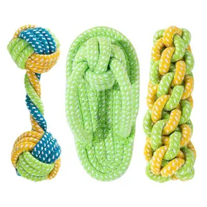 Three-piece durable cotton rope dog toy set including bone, slipper and twist shapes