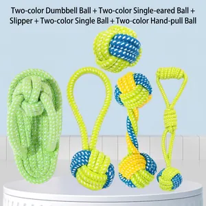 5-piece dog chew toy set including cotton rope knots, dumbbell ball, and slipper shape
