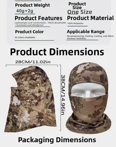 Detailed size chart for breathable camo tactical mask showing dimensions and 100% polyester fabric