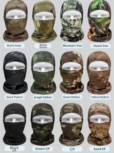 Macro display of twelve tactical camouflage patterns on breathable outdoor balaclavas