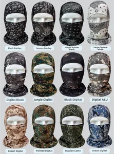 Grid layout showing 12 styles of mesh tactical balaclavas with various camouflage patterns
