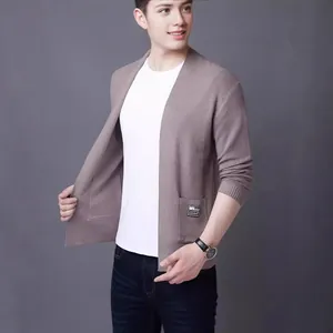 Men's minimalist light brown open-front cardigan with patch pockets and long sleeves