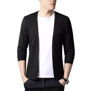Men's black V-neck knitted cardigan with subtle micro-texture and open-front style