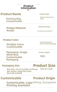 Specifications chart for acrylic evening bag with 19x15x7cm dimensions and metal hollow design