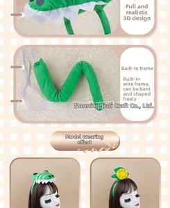 Detail of green dinosaur headband with an adjustable wire tail for flexible styling