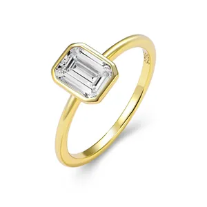 Minimalist S925 sterling silver ring with emerald cut zircon in bezel setting