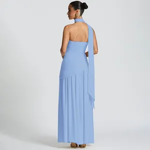 Rear view of elegant light blue strapless maxi dress with side slit and neck streamer