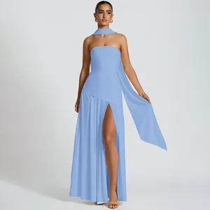 Elegant light blue strapless maxi dress with side slit and matching neck scarf detail
