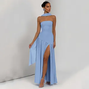 Close-up of light blue strapless dress featuring high slit and elegant long scarf accessory
