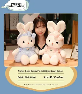 Close-up of cute plush rabbits in plaid dresses made of mink velvet and down cotton