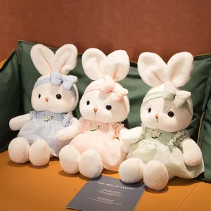Daisy Rabbit Plush Toy Soft Stuffed Animal With Floral Embroidery Plaid Dress Bow Headband For Girls Kids Birthday Gift