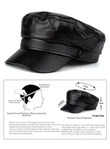 Size guide for the black PU leather newsboy cap showing head circumference and dimensions