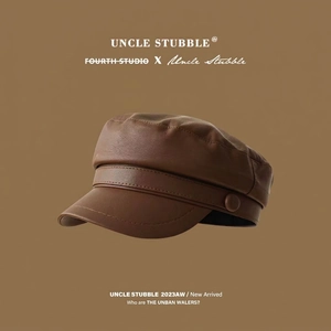 Retro dark brown PU leather baker boy hat with classic vintage brim for women