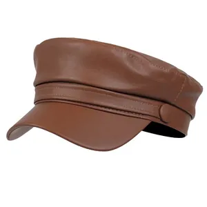 Vintage brown PU leather newsboy cap for women with classic flat top and brim details