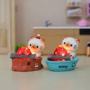 Cute resin cat figurines with glowing fire character on wood and boat base night light