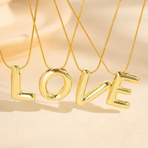 Puffed Initial Letter Pendant Necklace Titanium Stainless Steel Gold Plated Non-Fading Hypoallergenic Minimalist Style Unisex