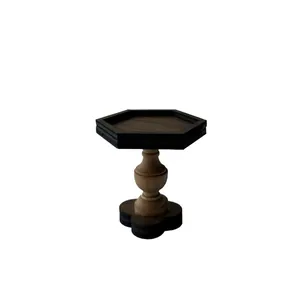 Vintage walnut wood jewelry display stand with hexagonal tray for window showcases