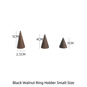 Set of 3 walnut wood cone ring stands in 3cm, 4cm, and 5cm heights for jewelry display