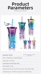 Detail specifications of 350ml double-layer mermaid tail glitter plastic straw cup