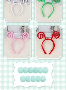 Macro detail of plush spiral horn headbands in white green pink and red colors