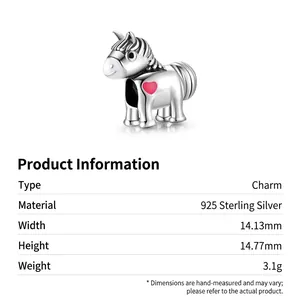 S925 sterling silver pony bead charm with red heart detail for DIY charm bracelets