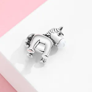 Cute S925 sterling silver pony charm with white enamel detail for DIY jewelry bracelets