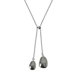 Minimalist silver Y-shaped necklace with polished water drop pendants and adjustable sliding bead