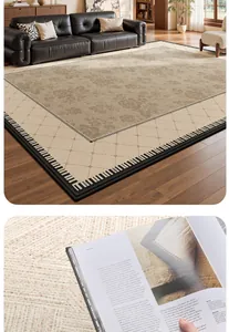 Detail of ice silk cooling mat with retro floral patterns and geometric black borders