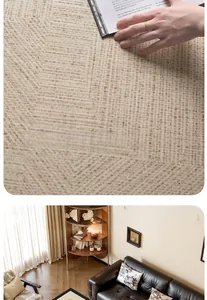Close-up of woven ice silk texture and beige retro carpet in a minimalist living room