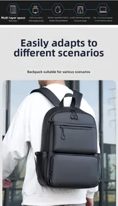 Detail showing waterproof matte fabric and external USB charging port on the black backpack