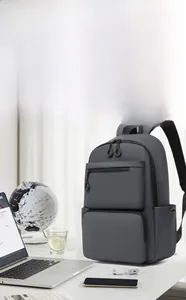 Detail of water-resistant laptop backpack with multiple zippered storage compartments