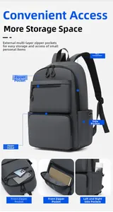 Detail view of water-resistant laptop backpack with multiple zipper pockets and side pockets