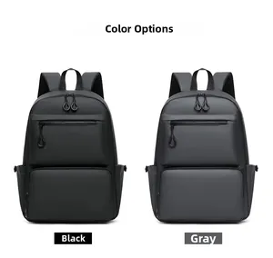 Front view of modern waterproof backpacks in black and grey with side pockets