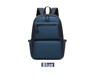 Close-up of navy blue backpack featuring double zipper main compartment and front pocket