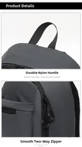 Detail of durable nylon handle and smooth two-way metal zippers on the backpack