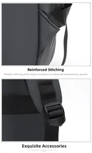 Close-up of reinforced stitching and durable plastic buckle on waterproof gray backpack