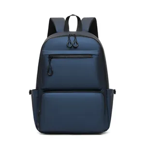 Front view of a navy blue business laptop backpack with waterproof matte finish