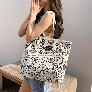 Korean style canvas tote bag featuring black food graffiti and woven shoulder straps
