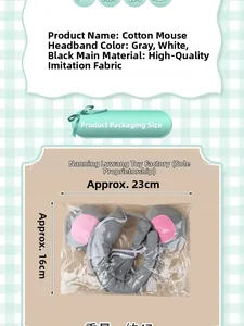 Detail view of plush mouse ears headband with size specifications and grey fabric texture