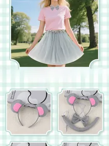 Detail view of 4-piece grey mouse costume set including ears headband, tutu and tail