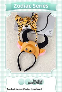 Detail of plush animal headbands featuring tiger and water buffalo 3D zodiac designs